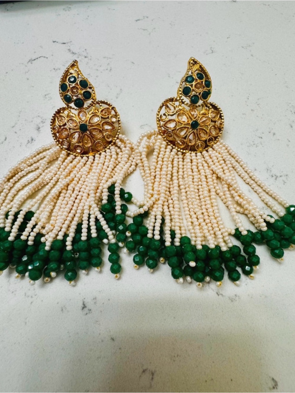 Gold Filigree Pearl and Green Bead Tassel Earrings - Women Jewelry